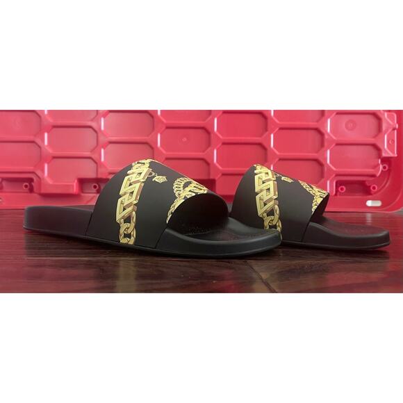 NIB Versace La Greca Chain Slide Sandal Black Slides Rubber Shoes Size 47/13